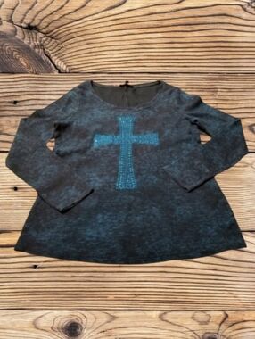 ROCK & REPUBLIC BLUE/BLACK LONG SLEEVE TOP - LARGE